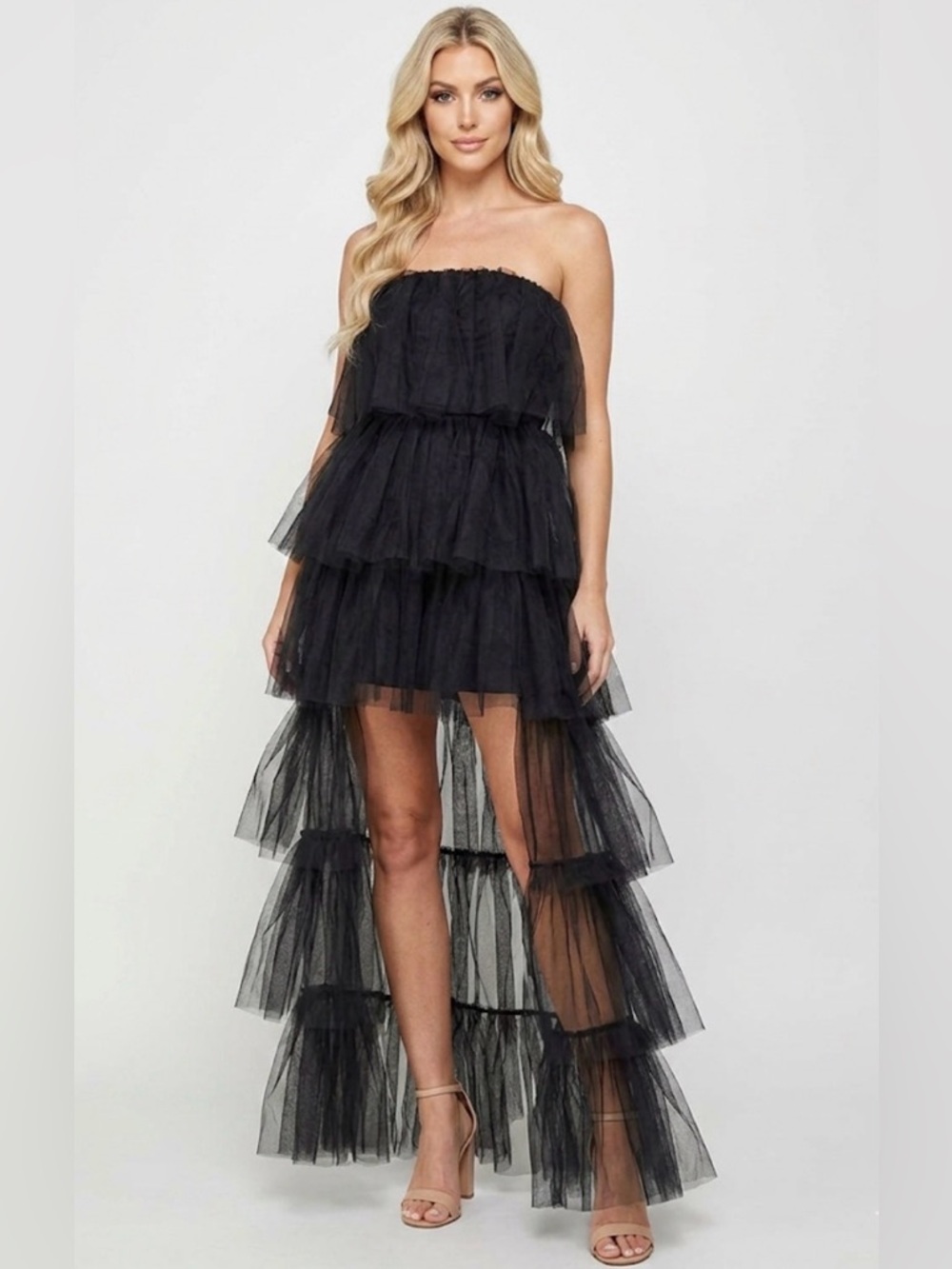 Strapless Black Tiered Tulle High-Low Dress